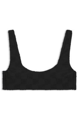 Stretch-terry bikini top with stacked logos, Black