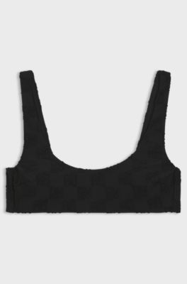Stretch-terry bikini top with stacked logos, Black