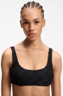 Stretch-terry bikini top with stacked logos, Black
