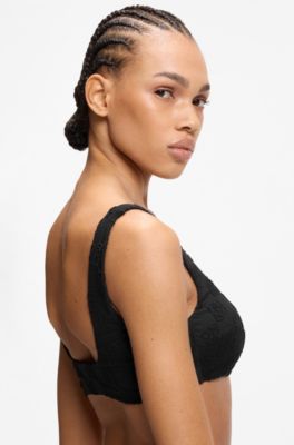 Stretch-terry bikini top with stacked logos, Black