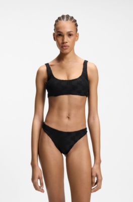 Stretch-terry bikini top with stacked logos, Black