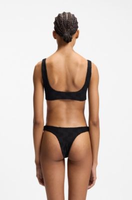 Stretch-terry bikini top with stacked logos, Black