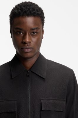 Oversized-fit shirt in stretch-cotton seersucker, Black