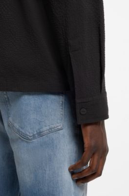 Oversized-fit shirt in stretch-cotton seersucker, Black