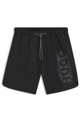 Quick-dry swim shorts with spray-effect logo, Black