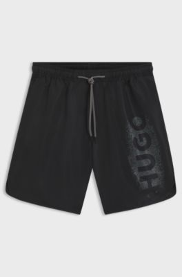Quick-dry swim shorts with spray-effect logo, Black