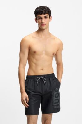 Quick-dry swim shorts with spray-effect logo, Black