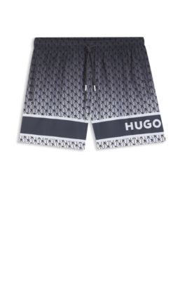 Printed swim shorts with stripe and logo, Grey