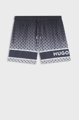 Printed swim shorts with stripe and logo, Grey