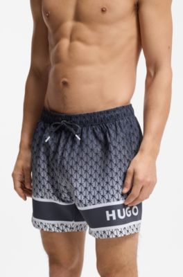 Printed swim shorts with stripe and logo, Grey
