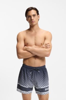 Printed swim shorts with stripe and logo, Grey