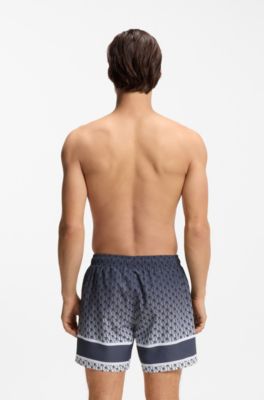 Printed swim shorts with stripe and logo, Grey