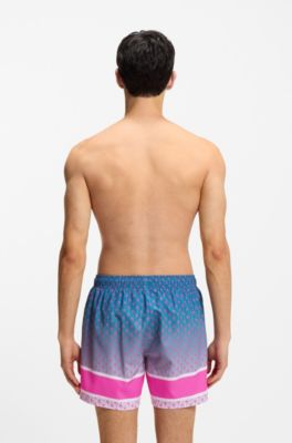 Badshorts med tryck, rand och logga, Rosa