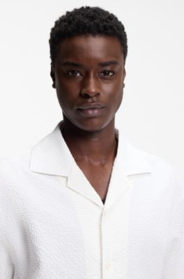 Oversized-fit shirt in stretch-cotton seersucker, Natural