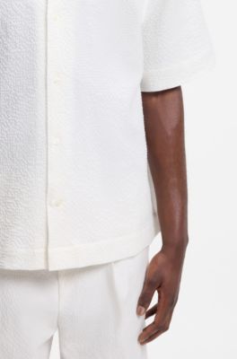 Oversized-fit shirt in stretch-cotton seersucker, White