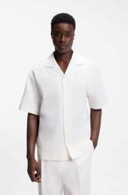 Oversized-fit shirt in stretch-cotton seersucker, Natural