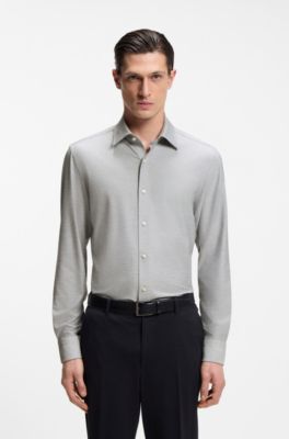 Slim-fit shirt in moulin&eacute; performance-stretch jersey, Light Grey