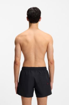 Quick-dry swim shorts with vertical printed logos, Black