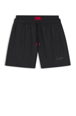 Double-waistband swim shorts with logo details, Black
