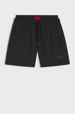Double-waistband swim shorts with logo details, Black
