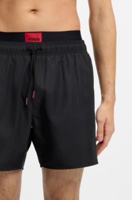 Double-waistband swim shorts with logo details, Black