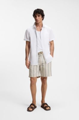 Striped shorts in a linen-cotton blend, Light Beige