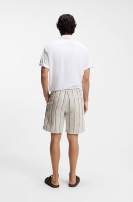 Striped shorts in a linen-cotton blend, Light Beige