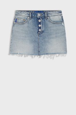 Rok van blauw denim met zichtbare knoopgulp, Lichtblauw
