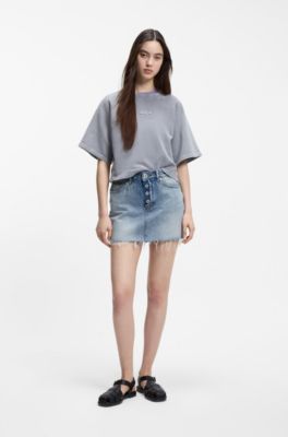 Rok van blauw denim met zichtbare knoopgulp, Lichtblauw