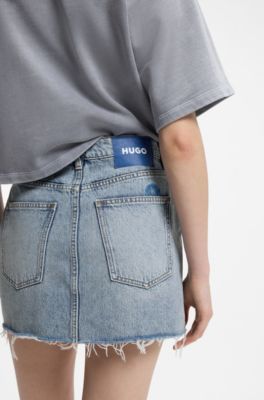 Rok van blauw denim met zichtbare knoopgulp, Lichtblauw