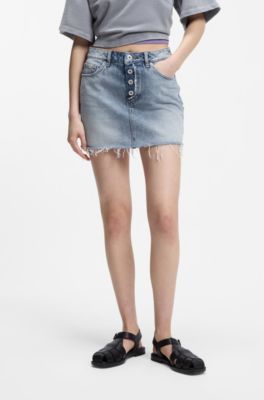 Blue-denim skirt with exposed button fly, Light Blue