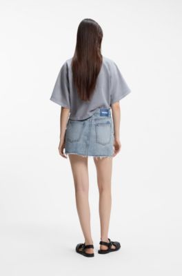 Rok van blauw denim met zichtbare knoopgulp, Lichtblauw