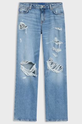 Baggy-fit jeans in blue distressed denim, Blue