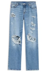 Baggy-fit jeans in blue distressed denim, Blue