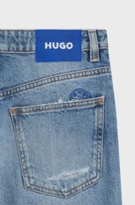 Baggy-fit jeans in blue distressed denim, Blue