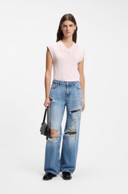 Baggy-fit jeans in blue distressed denim, Blue