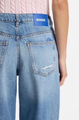 Baggy-fit jeans in blue distressed denim, Blue