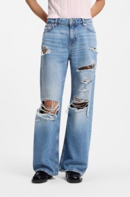 Baggy-fit jeans in blue distressed denim, Blue