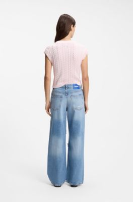 Baggy-fit jeans in blue distressed denim, Blue