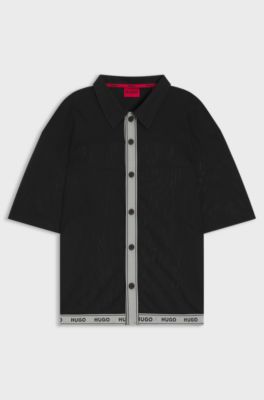 Mesh oversized-fit beach shirt with logo tape, Black