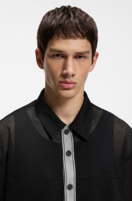 Mesh oversized-fit beach shirt with logo tape, Black