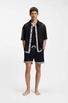 Mesh oversized-fit beach shirt with logo tape, Black