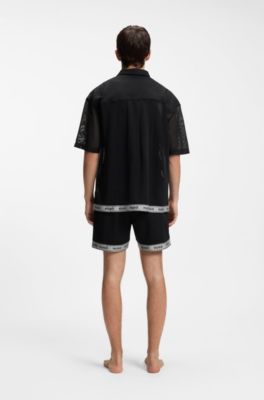 Mesh oversized-fit beach shirt with logo tape, Black