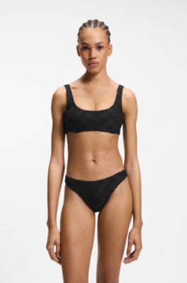 Braziliaans bikinibroekje van stretchbadstof met gelaagde logo&rsquo;s, Zwart