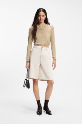 Cropped cardigan with rear ribbed detail, Beige