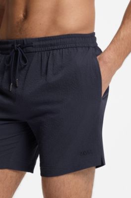 Short de bain en seersucker stretch &agrave; s&eacute;chage rapide, Bleu fonc&eacute;