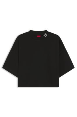 HUGO - リラックスフィット クロップドTシャツ コットン ネックロゴ 