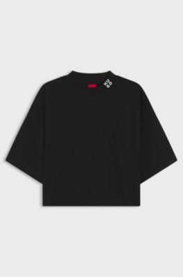 Relaxed-fit cropped T-shirt in cotton with neck logo, Black