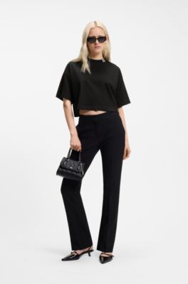Relaxed-fit cropped T-shirt in cotton with neck logo, Black