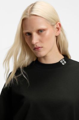 Relaxed-fit cropped T-shirt in cotton with neck logo, Black